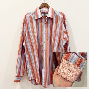 Johnston & Murphy Mens Flip Cuff Button Shirt XL Orange Stripe Floral Tailored